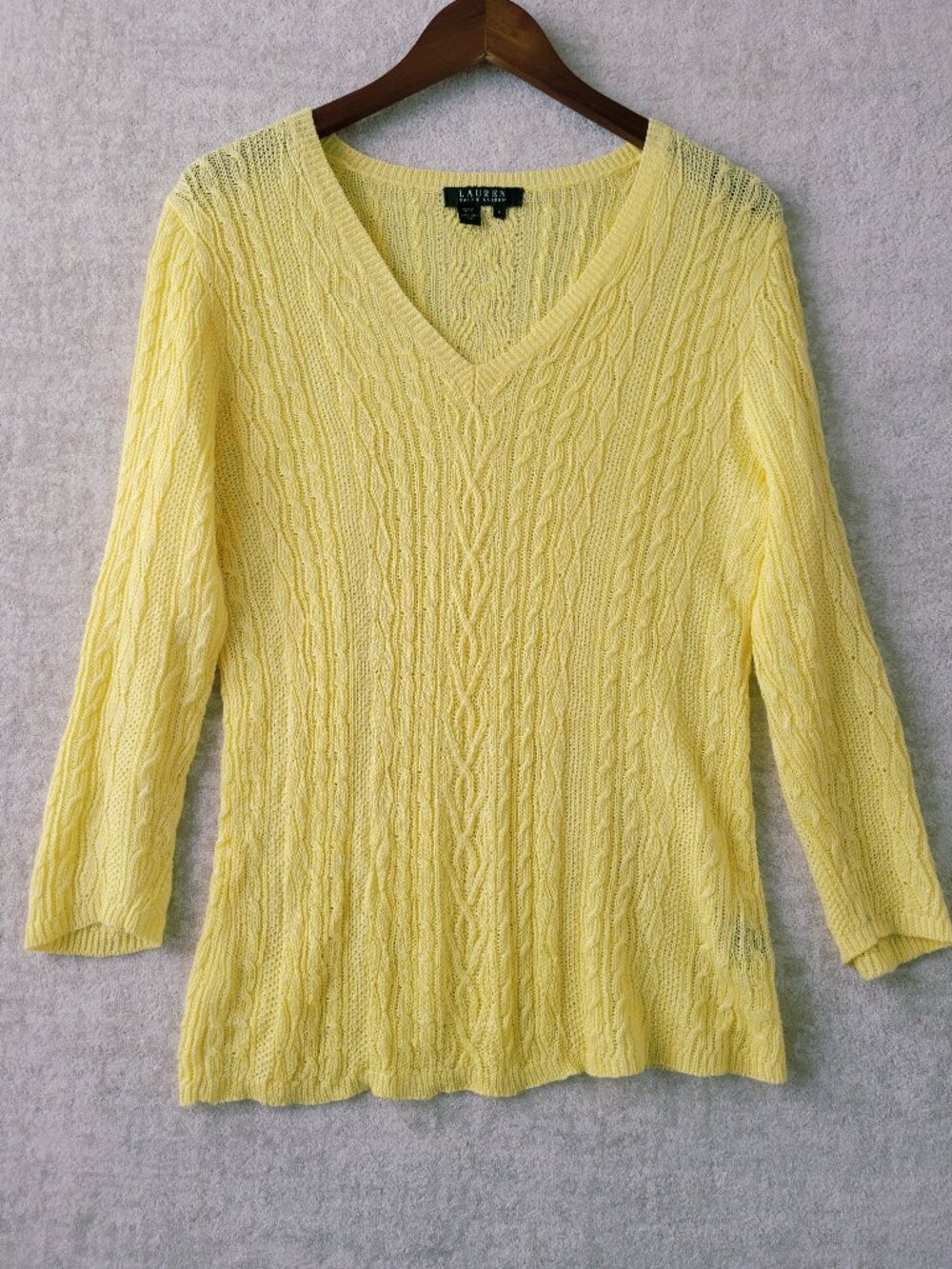 Vintage Lauren Ralph Lauren Yellow Linen Cable Knit Sweater Large Preppy Luxury